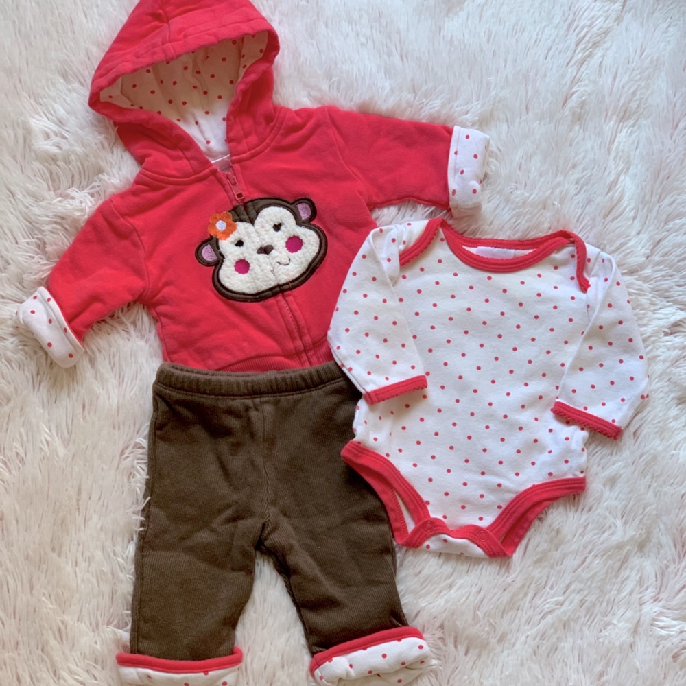 3 Pc Baby Girl Monkey Jacket, Onesie, Pants Set!